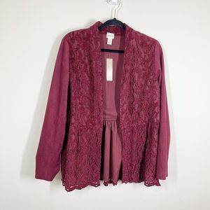Chicos Faux Suede Lace Jacket‎ Womens Size Large Red Feminine Long Sleeve NWT